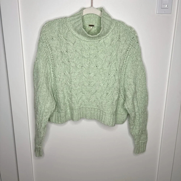 Free People Cable Knit Turtleneck Crop Sweater Mint  Green XS Merry Go Round - Picture 6 of 10